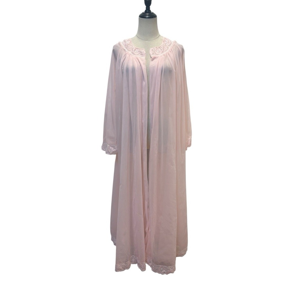 Vtg Pink Sheer Peignoir‎ Robe Open Front Lace Sz L/XL Romantic Boudoir Coquette